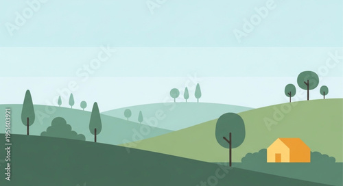 Minimalist Landscape with Rolling Hills and a Cozy House.