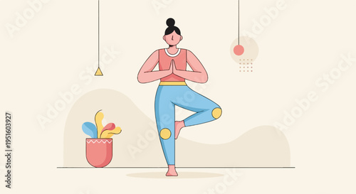 Woman in yoga tree pose, stylized, with indoor plant and decorative elements