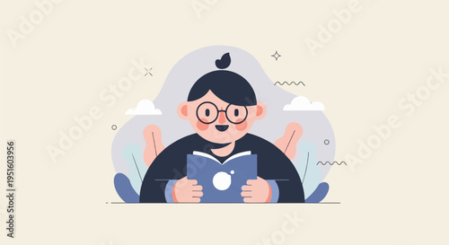 Cheerful person with glasses reading a book surrounded by abstract shapes and plants