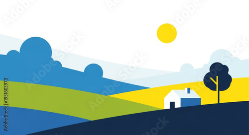 Stylized Landscape Illustration with House, Tree, and Rolling Hills.