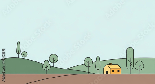 Minimalist Landscape Illustration with House and Trees on Rolling Hills.