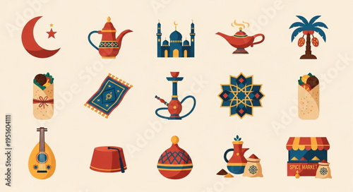 Ramadan Kareem Icons Set - Cultural Symbols and Festive Elements.