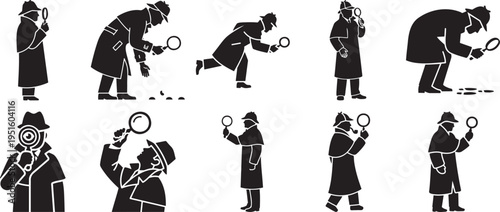 Detective investigation silhouette icon set with magnifying glass searching clue crime scene