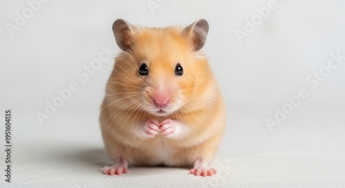 A close up portrait of a fluffy golden hamster sitting still against a clean white background