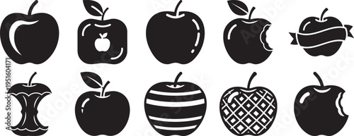 Apple fruit icon collection with whole bitten core and decorative apple silhouette set