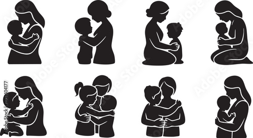 Silhouettes of mothers embracing their children depicting love affection and family