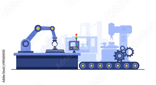 Industrial Automation: Robotic Arm Assembly, Conveyor Belt, and Smart Factory Manufacturing Process with AI and Modern Production Technology
