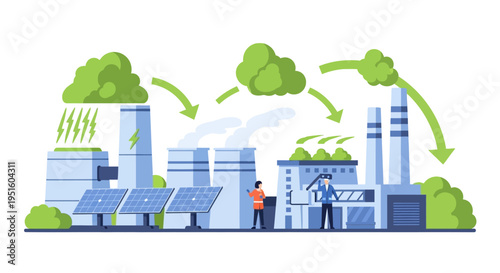 Sustainable Green Industry Cycle: Clean Energy, Solar Power & Eco-Friendly Manufacturing. Environmental Protection & Circular Economy Concept.