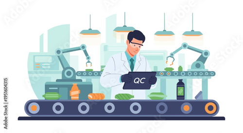 Quality Control Technician Inspecting Automated Manufacturing Line. Industrial Engineer with Tablet Monitoring Factory Production and Robotic Packaging.