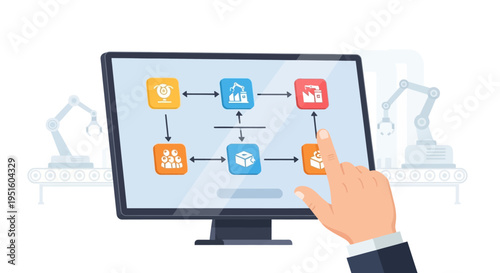 Smart Factory & Industry 4.0 Process Management: Digital Automation Flowchart on Screen with Robotic Arms
