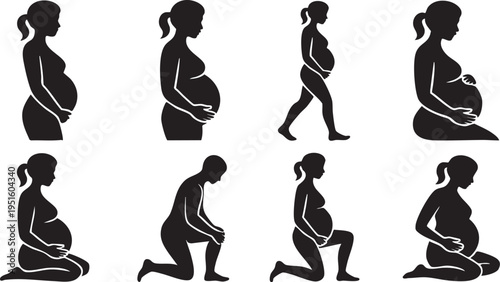 Silhouettes of pregnant women in various poses showing anticipation and motherhood