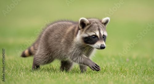 A cute young raccoon walking across a lush green grassy field during a bright sunny afternoon