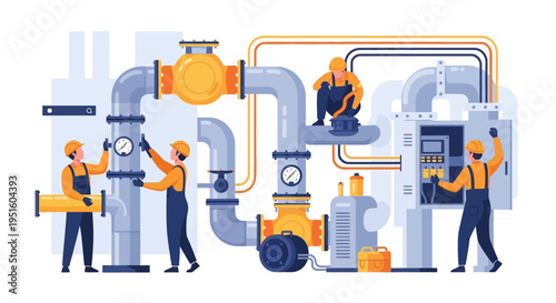 Industrial Engineers & Technicians Maintaining Pipeline System, Valves, and Control Panel