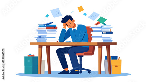 Stressed businessman sitting at desk with high stacks of documents and books feeling overwhelmed by workload and deadline vector illustration.