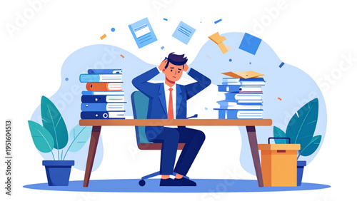 Stressed businessman sitting at desk with high stacks of documents and books feeling overwhelmed by workload and deadline vector illustration.