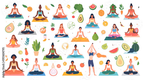 Seamless pattern vector illustration of women in yoga poses with healthy vegetables and fruits for wellness and fitness concept isolated on white background.