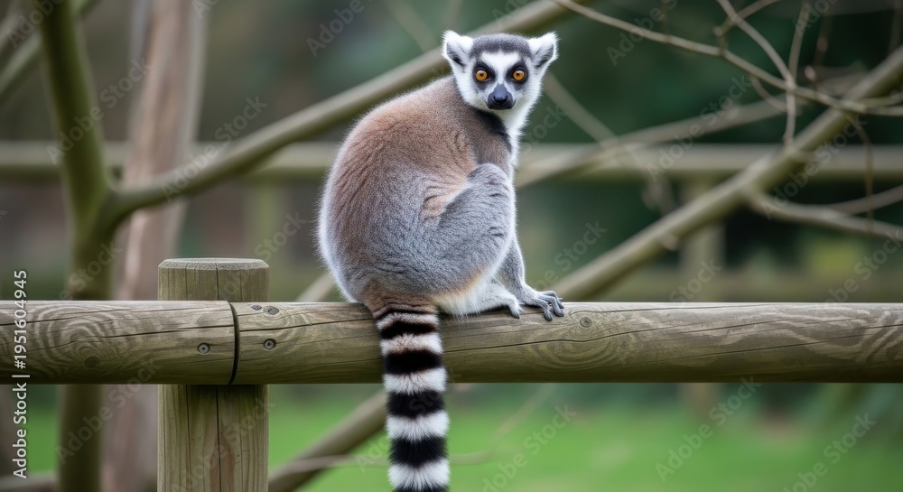 Obraz premium A cute ring-tailed lemur with black and white fur sits on a tree branch in the wild nature of Madagascar