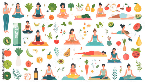 Seamless pattern vector illustration of women in yoga poses with healthy vegetables and fruits for wellness and fitness concept isolated on white background.