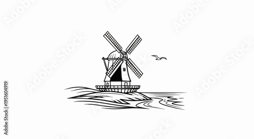 A Dutch windmill stands beside flowing water with a bird flying nearby