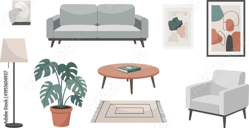 A minimalist living room scene with abstract art and a potted plant