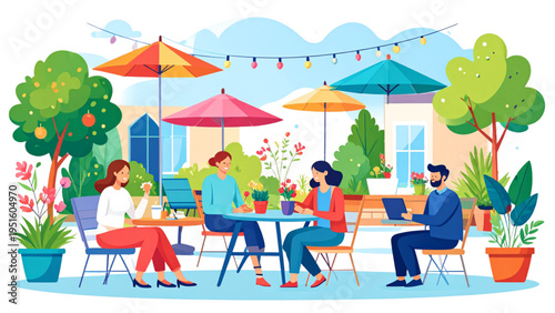 People sitting at tables under colorful umbrellas in an outdoor summer cafe for leisure and socialization concept vector illustration.