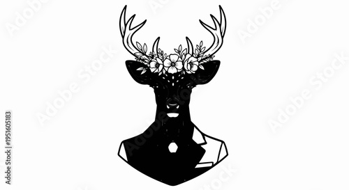 Black deer head with flowers, wearing a suit jacket