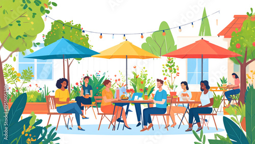 People sitting at tables under colorful umbrellas in an outdoor summer cafe for leisure and socialization concept vector illustration.