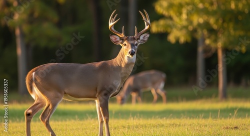 A majestic whitetail deer buck standing in a sunlit meadow during the beautiful golden hour light