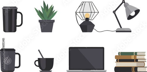 Collection of office and home decor items, including cups, plants, and lamps
