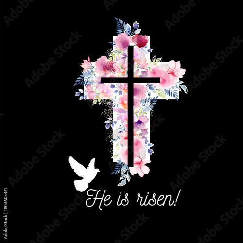 Religious cross with watercolor flowers flowers . Hand drawn. Not AI, vector illustration. He is risen Hand drawn. Not AI, vector illustration