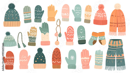 Seamless pattern vector illustration of winter clothing accessories including wool mittens hats and scarves with snowflakes for seasonal holiday concept.