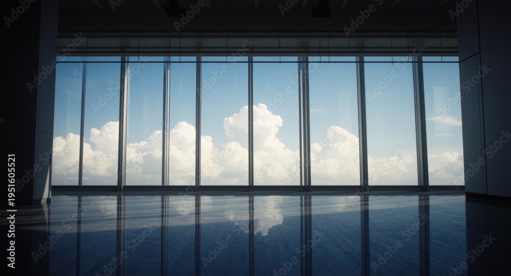 Fototapeta premium Indoor scene bathed in midday light with a broad view featuring a blue sky and cloud details