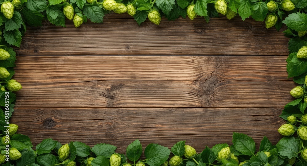 Fototapeta premium Rustic wooden texture background with green hops border and copy space