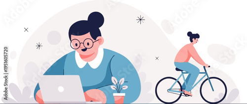 Woman at laptop and person cycling with abstract shapes