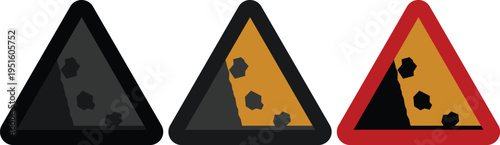 Falling rocks warning sign icon set collection group, landslide danger symbols, road hazard caution signs, rockfall alert vector icons for traffic safety and construction design.
