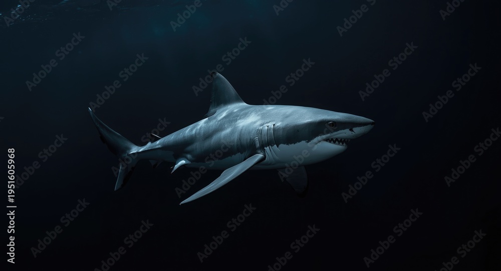 Obraz premium Magnificent great white shark swimming with elegance through deep dark seas
