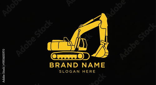 Excavator Logo Design - Bold Yellow Construction Vehicle on Black Background.