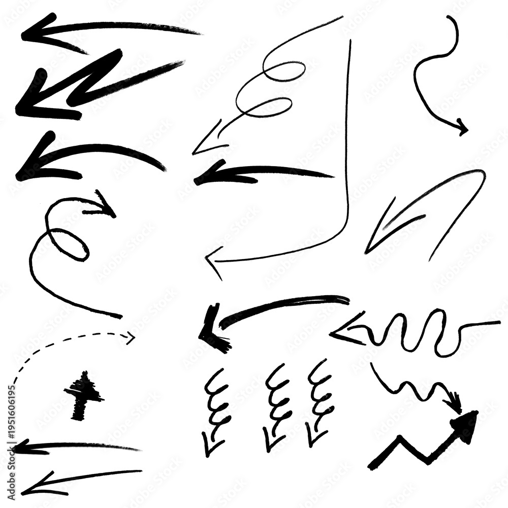 Fototapeta premium Set of rough sketch directional pointers and hand-drawn arrow symbols in a black marker style, isolated on white, perfect for UI design, educational materials, and social media posts.