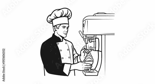 A chef in uniform dispenses ice cream from a soft serve machine