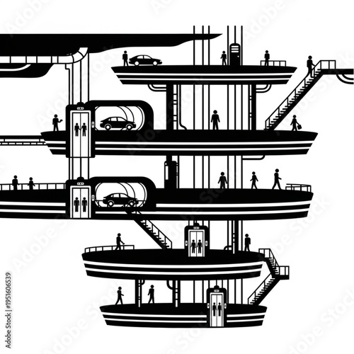 Futuristic Cityscape with Elevators and Cars - A Black and White Illustration.