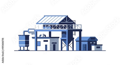 Industrial plant building complex with silos and infrastructure against a white background, a modern factory