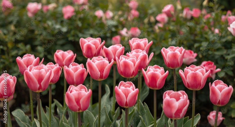 Fototapeta premium Pink tulips in radiant bloom paired with lush rose bushes in a garden
