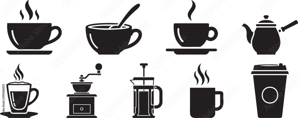 Obraz premium Coffee and tea drink icon set with cup kettle grinder french press and takeaway mug