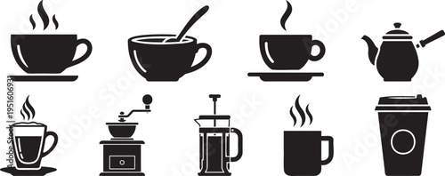 Coffee and tea drink icon set with cup kettle grinder french press and takeaway mug