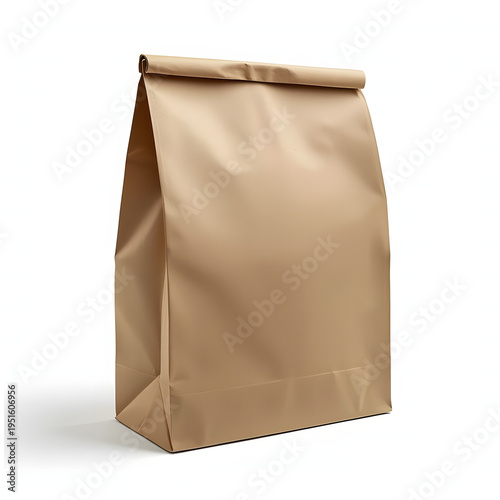 Blank brown paper bag mockup isolated on white background, eco-friendly food packaging or takeaway shopping bag concept.