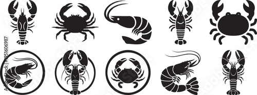 Seafood crustacean icon set with lobster crab shrimp and marine animal silhouette