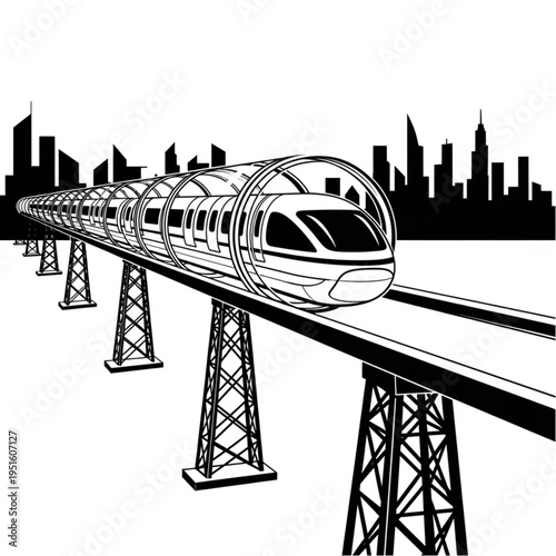 Futuristic Monorail Train on Elevated Track with Cityscape Backdrop.