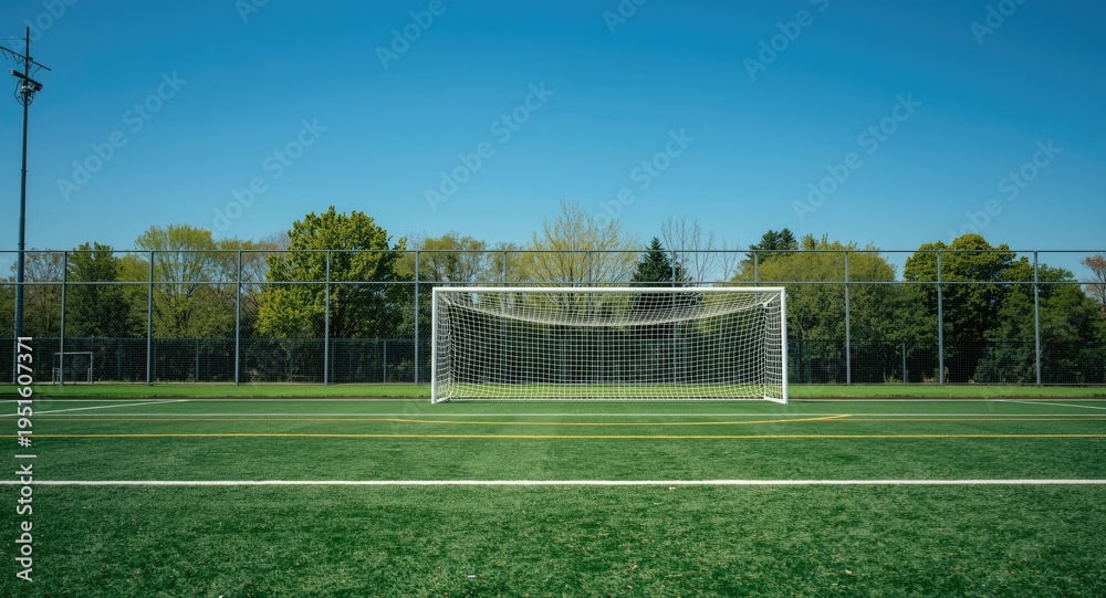 Fototapeta premium Empty soccer pitch featuring artificial turf goalpost and penalty area with copyspace for text