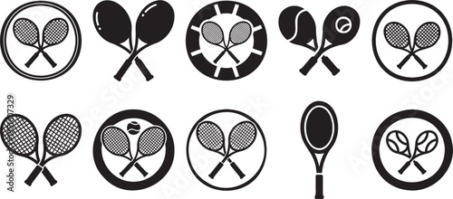 Tennis racket sport icon set with crossed racket ball and court emblem silhouette