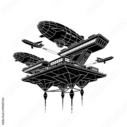 Futuristic Offshore Platform with Airships and Aircraft Illustration.